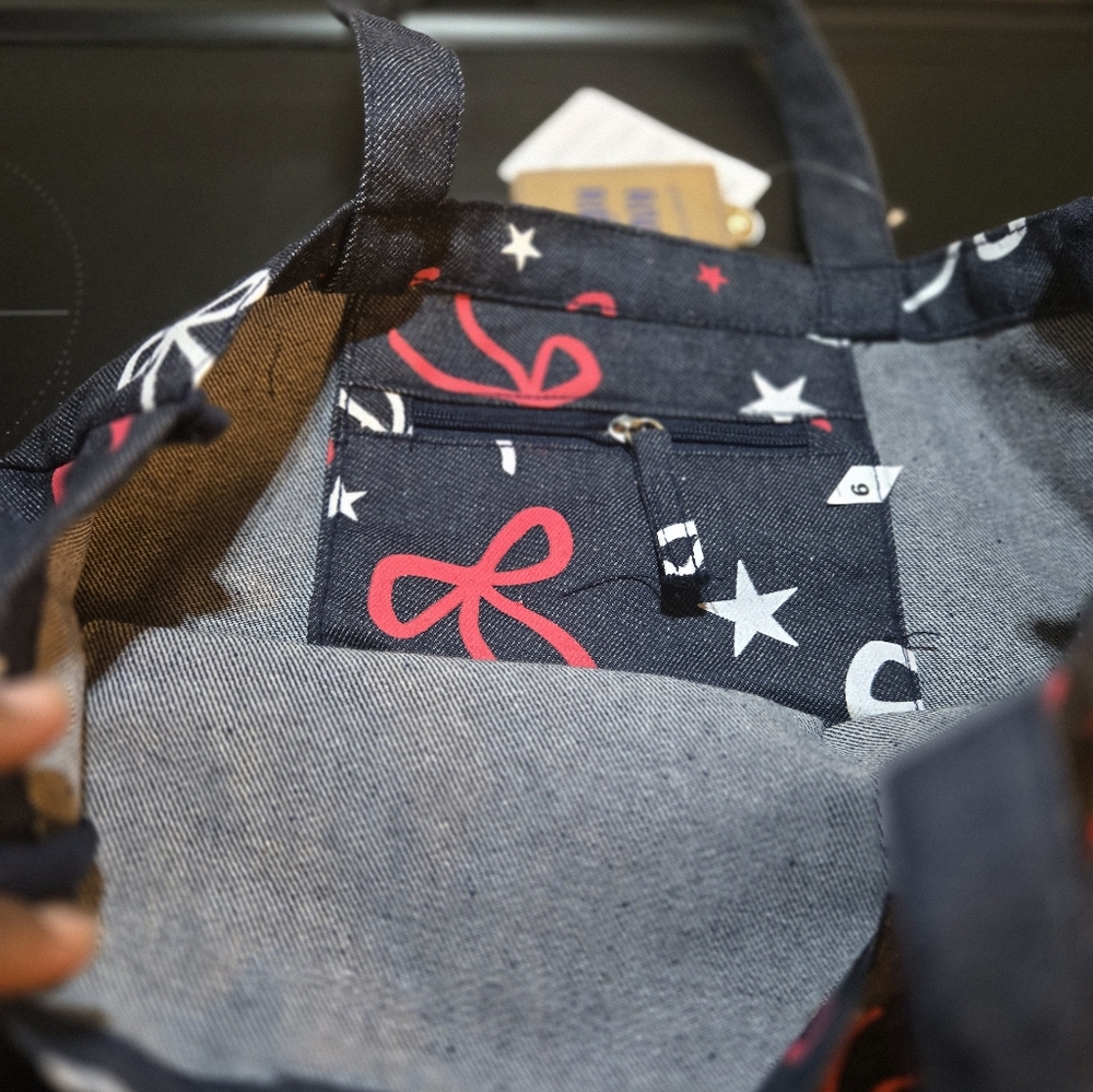 Denim Tote Bag with Red and White Bow Patterns NWT - Picture 4 of 12